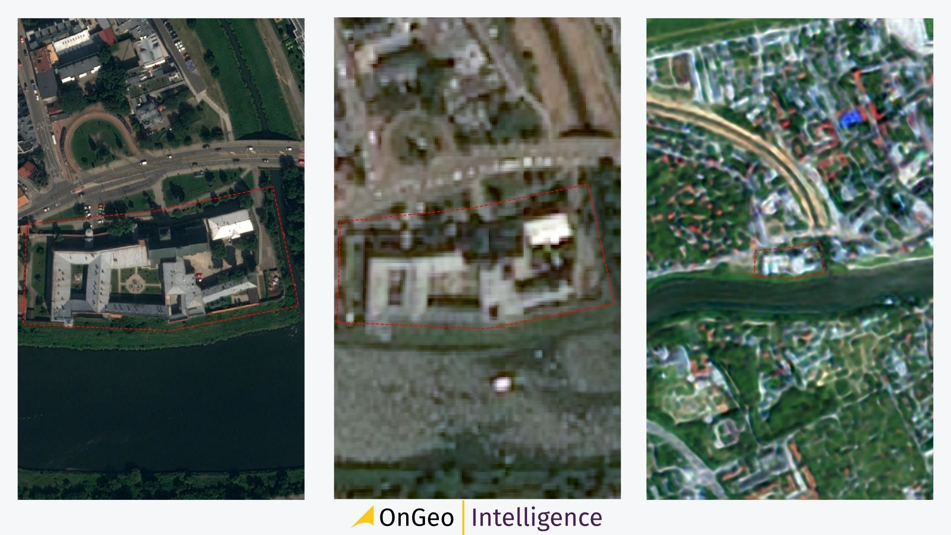 Comparison of satellite images showing the same area at three different resolutions — 0.3 m, 1.2 m, and 10 m (sharpened to 2.5 m) — highlighting differences in image detail.