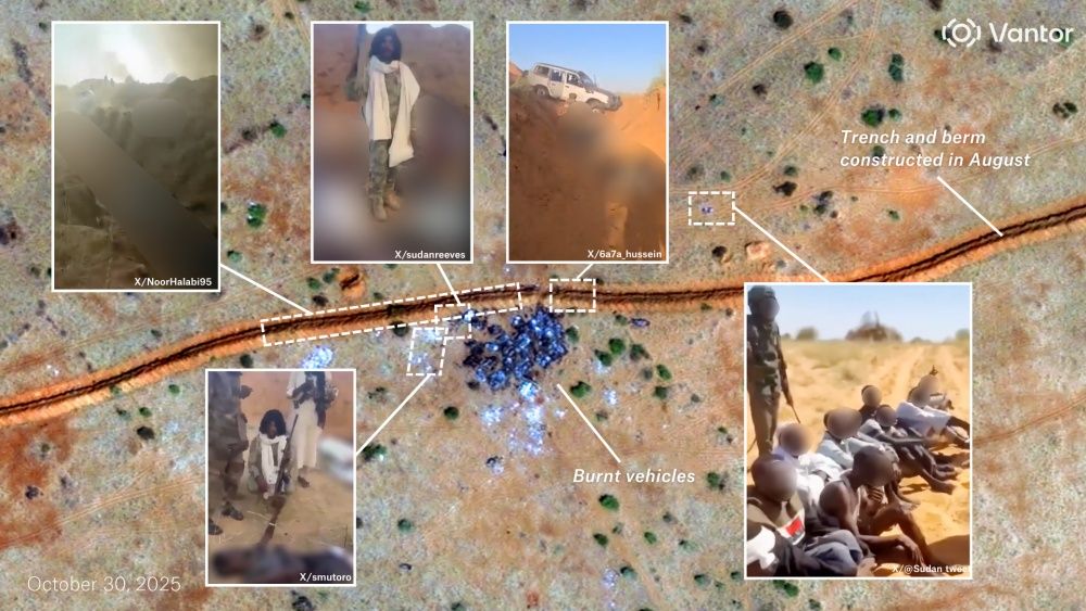 Satellite imagery sudan war burned vehicles and clusters of bodies