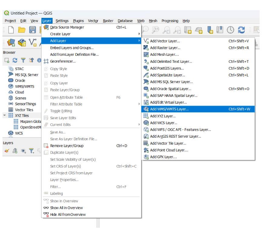 Layer → Add Layer → Add WMS/WMTS Layer