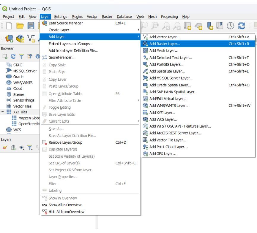 Layer → Add Layer → Add Raster Layer
