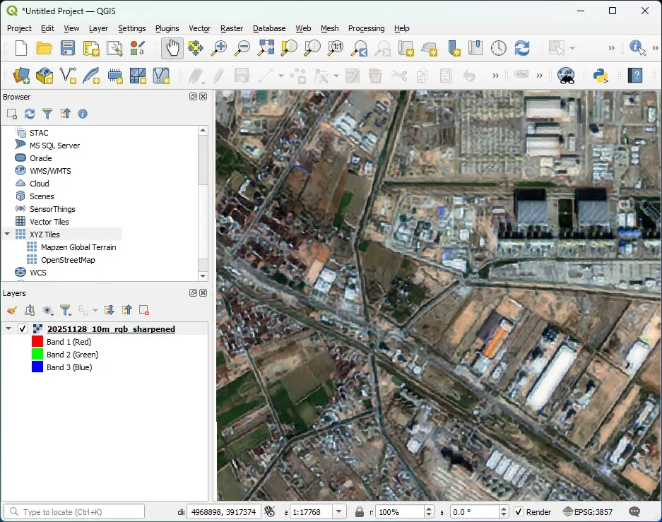 Sentinel satelite imagery in QGIS.
