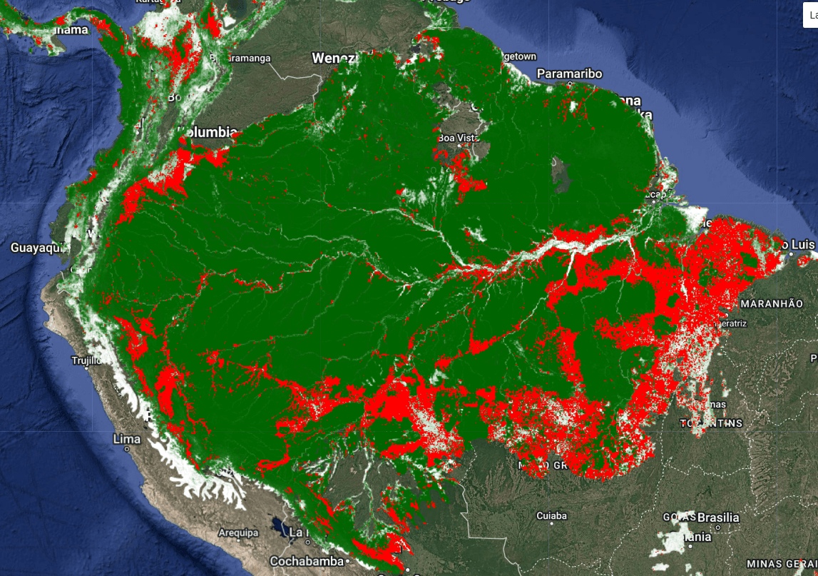 Red indicates places where there has been irreversible loss of tropical forest in the Amazon since.png