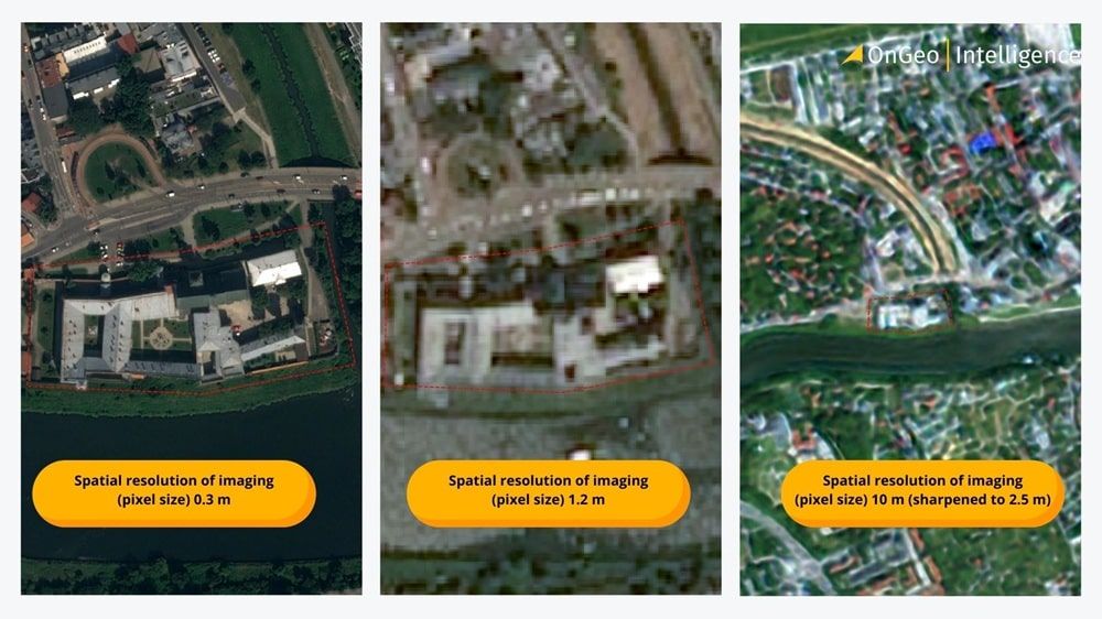  Graphic comparing the same building in three satellite images with different resolutions, showing how detail affects image quality.