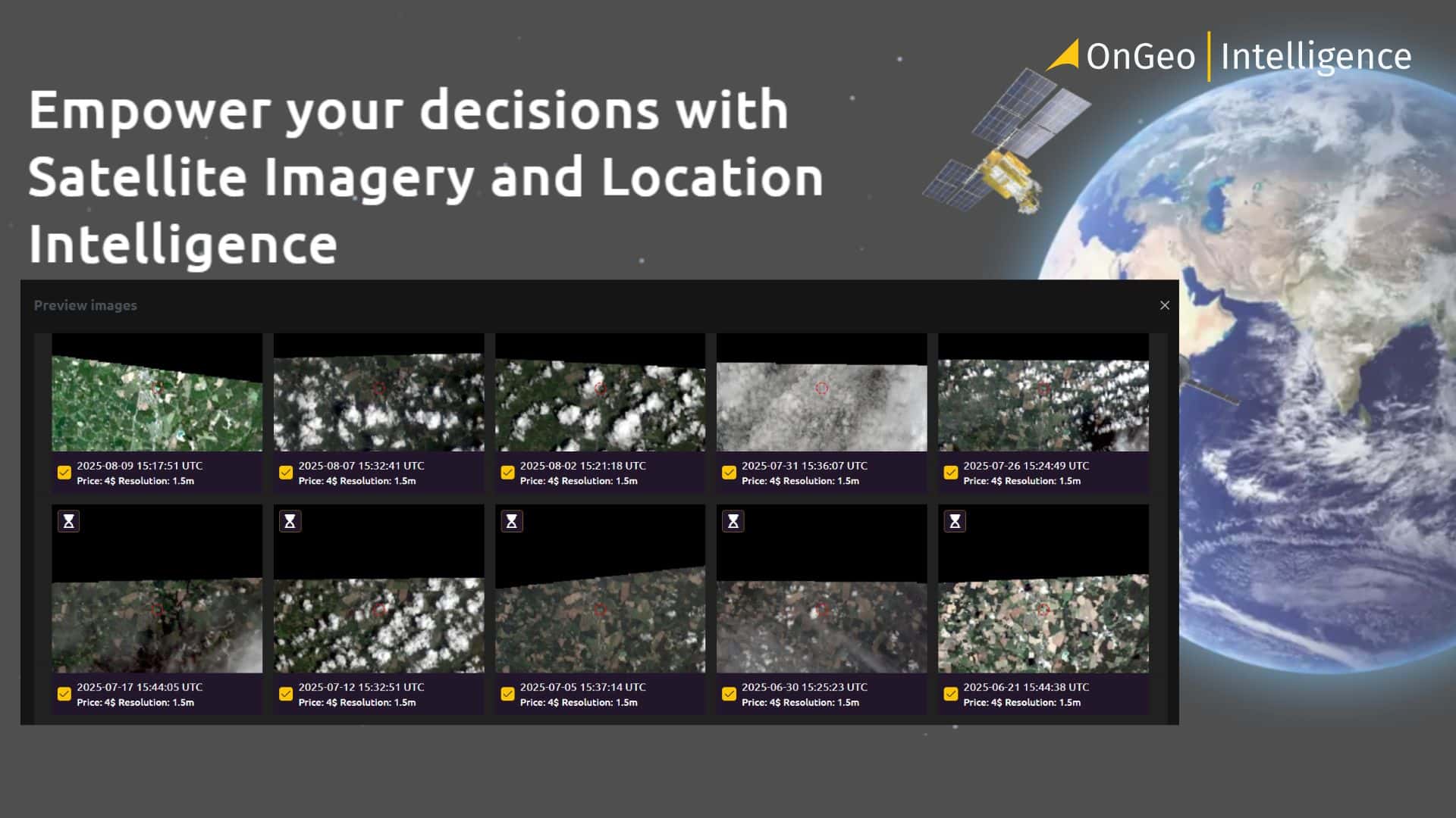 Screenshot of OnGeo Intelligence Archives interface showing an example of satellite imagery search results for a specific period.