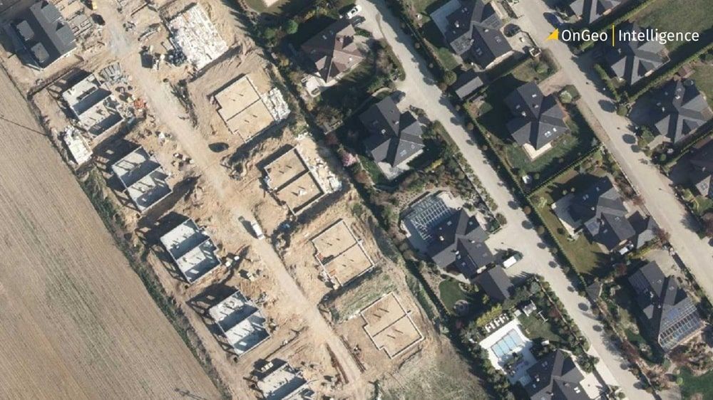 Aerial satellite map view of a residential housing estate, demonstrating its use in urban planning and development.