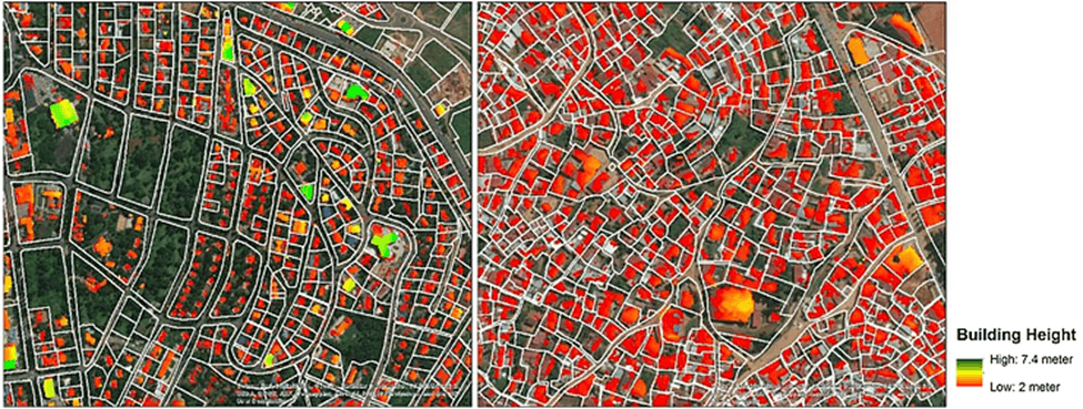 Kigali, Rwanda – Estimated building height in the city center (left) and in higher-density neighborhood (right)