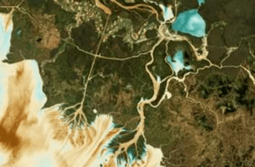 A satellite view of a dynamic coastal wetland where branching river channels fan into turquoise lagoons and sediment-rich shoreline