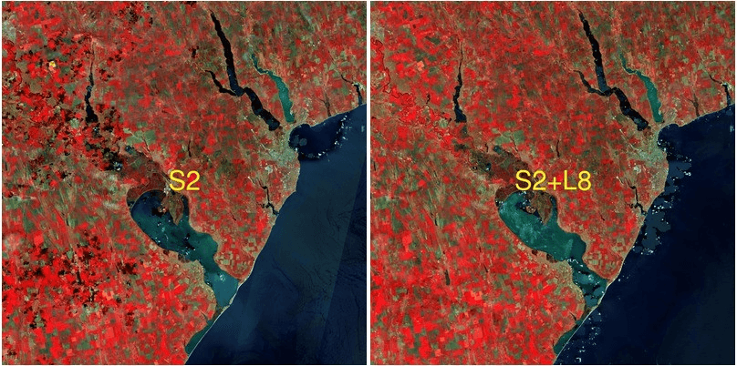 The image above shows May 2016 monthly surface reflectance syntheses at Odessa (Ukraine), using either Sentinel-2 or a combination of Sentinel-2 and Landsat 8.
