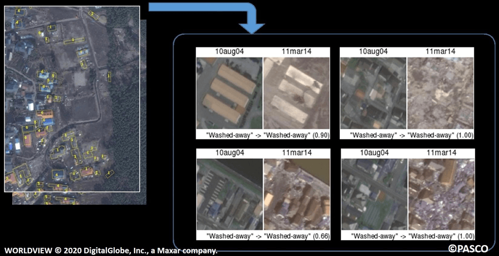 Damage assessment from earthquake and subsequent tsunami using satellite data and AI. Image credits: DigitalGlobe, Inc. and PASCO