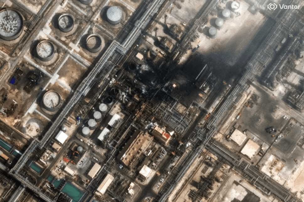 Satellite imagery showing damage to saudi oil refinery after a drone attack. - Vantor
