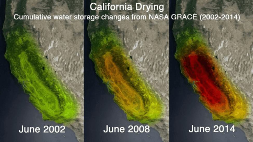 NASA satellite imagery showing the dramatic decline in California’s total water storage from 2002 to 2014