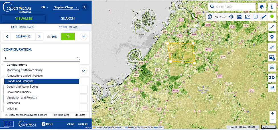 Copernicus - area of ​​interest and data filters
