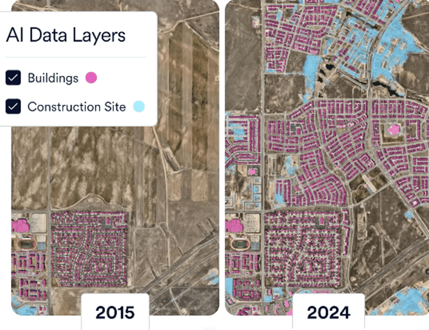 AI-extracted building and construction layers reveal rapid urban expansion between 2015 and 2024