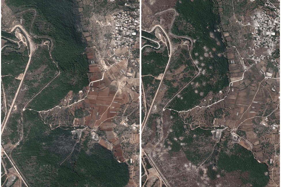 A comparison picture of a satellite image of woodland by the Lebanese village of Aita al-Shaab near the Israeli border