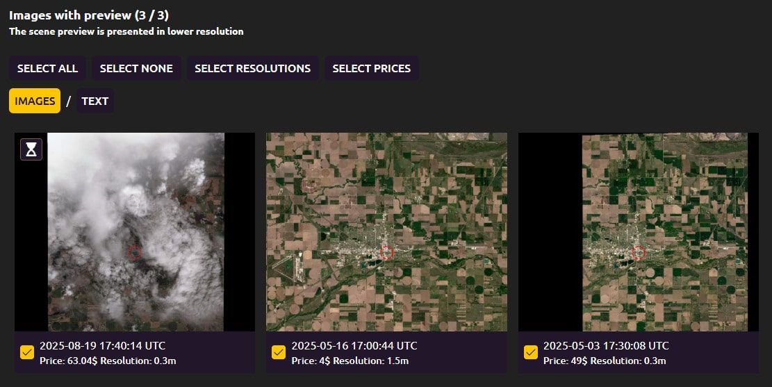 Screenshot of the Ongeo Intelligence interface displaying satellite imagery search results as thumbnails, with the acquisition date, resolution, and price visible for each image.