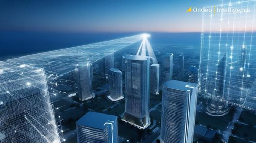 Futuristic aerial view of a modern city seen from space, with satellite beams scanning the buildings
