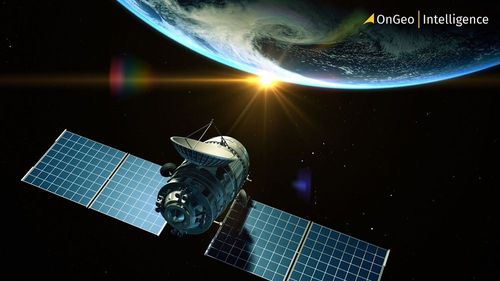 An observation satellite orbiting the Earth, with the blue planet in the background.