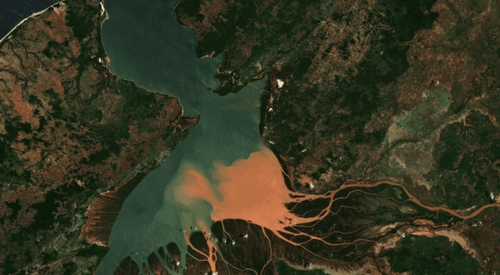 Sentinel-2 satellite image of Mahajamba Bay, Madagascar, showing the complex network of waterways, sediment patterns, and coastal vegetation