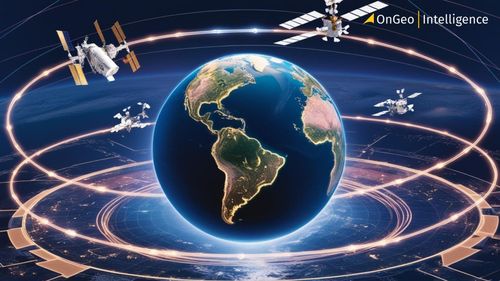 Planet Earth viewed from space with orbiting satellites, illustrating satellite imagery technology and global data access.