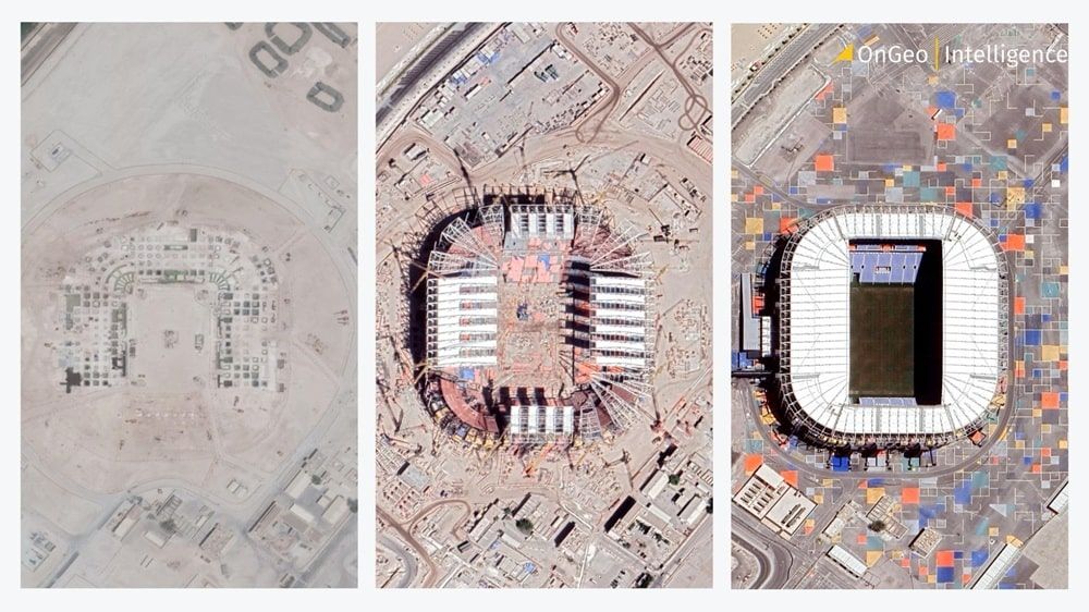 Construction progress on a new stadium, visible through a satellite map, valuable for investors tracking development.