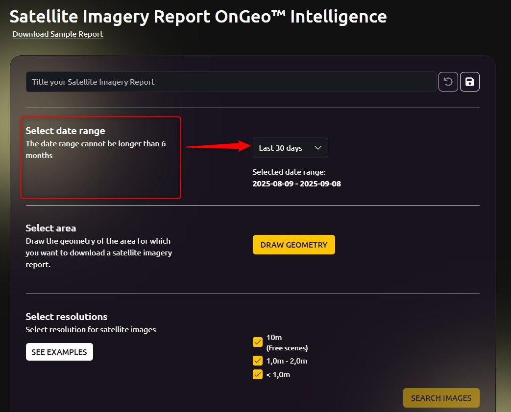 Screenshot showing a user interface for selecting date ranges for satellite imagery.