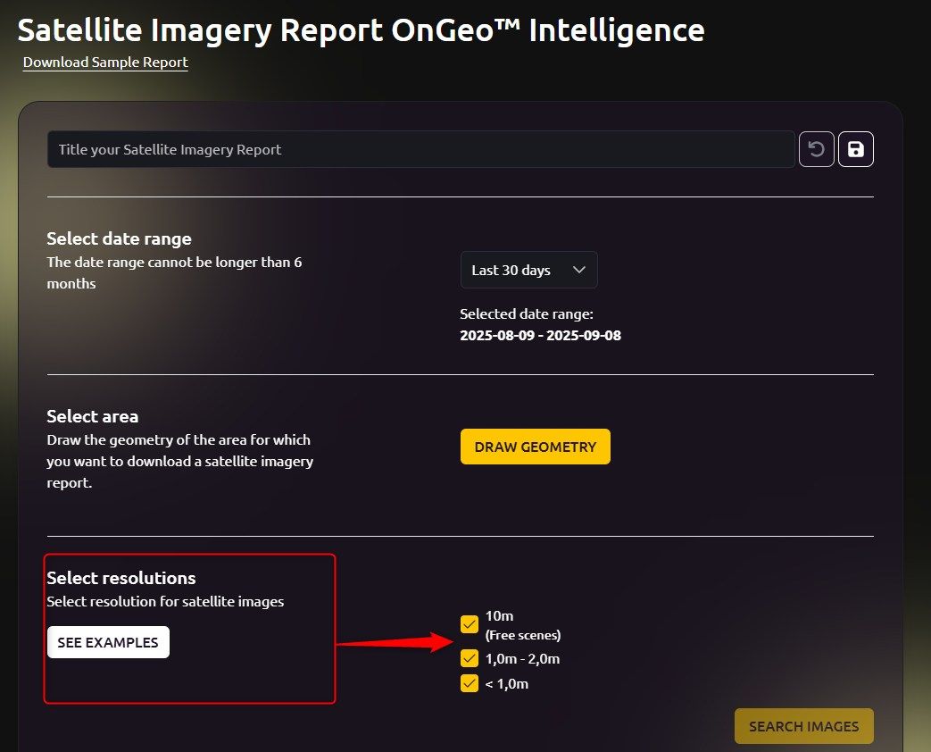 Screenshot displaying resolution options (e.g., 0.5m, 1.5m, 10m) for satellite imagery selection